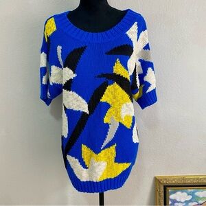 Vintage 80s Breckenridge Abstract Floral Knit Sweater Blue Yellow M Short Sleeve